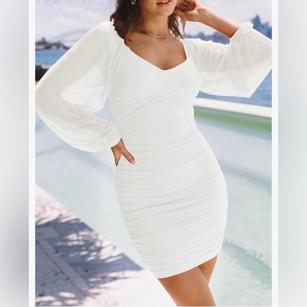 ZESICA Women's White Sexy V Neck Ruched Bodycon Mini Dress